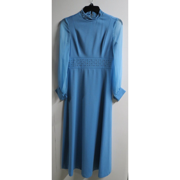 Vintage Powder Blue Size 12 Formal Dress Beaded Sheer Sleeves - Picture 1 of 12